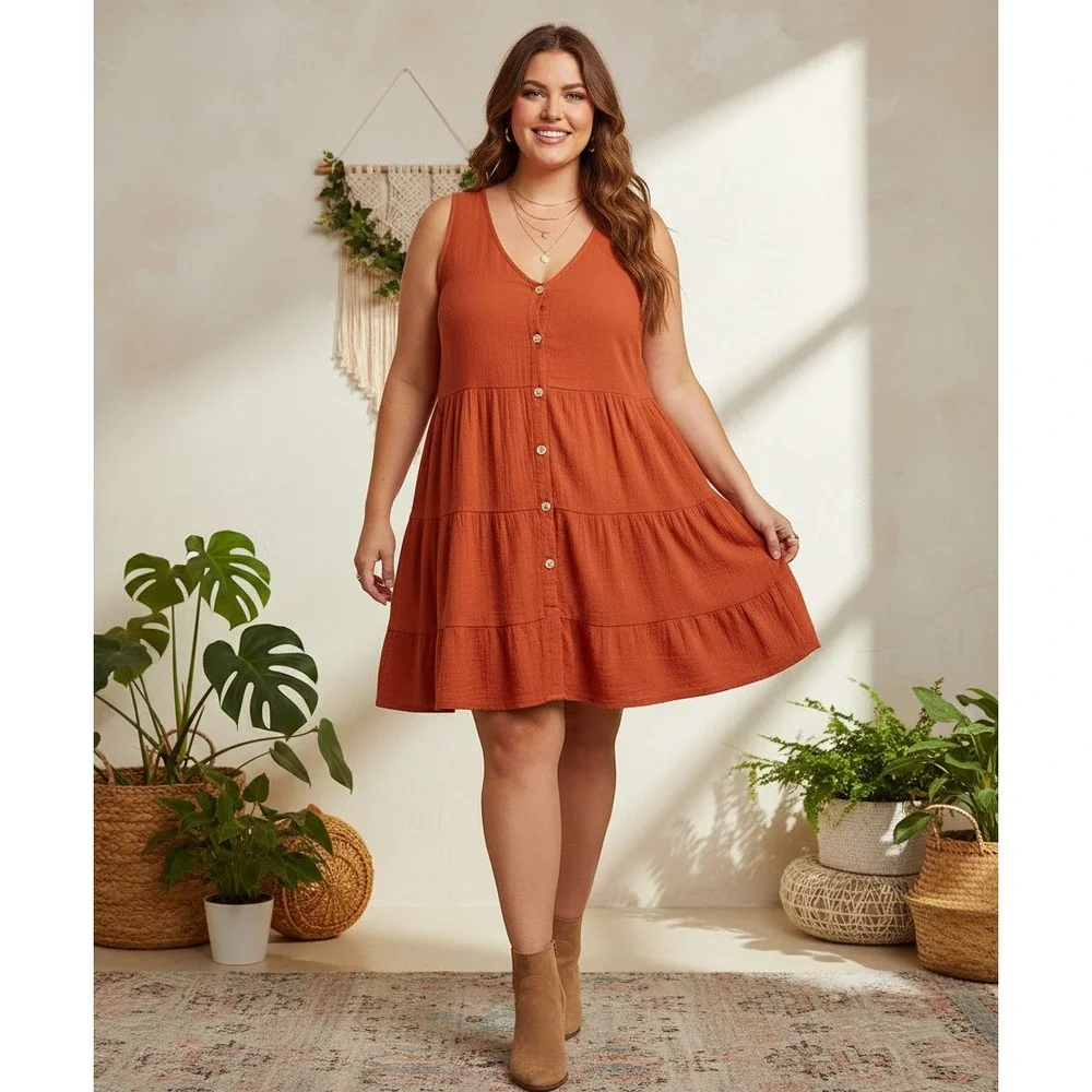 Cozy Co 2X Mini Dress Orange Rust Swing Boho Womens Cottage Earthy‎ Coastal Chic